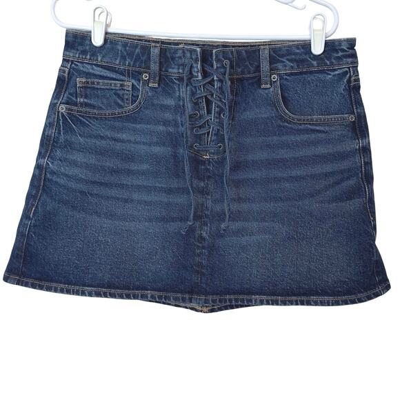 American Eagle AE Lace-Up A-Line High Rise Denim Mini Skirt Size 12 Dark Wash - Picture 1 of 9